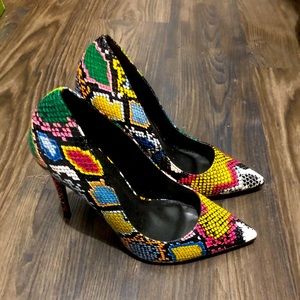 Multi Colored Snake Print Pointy Pumps